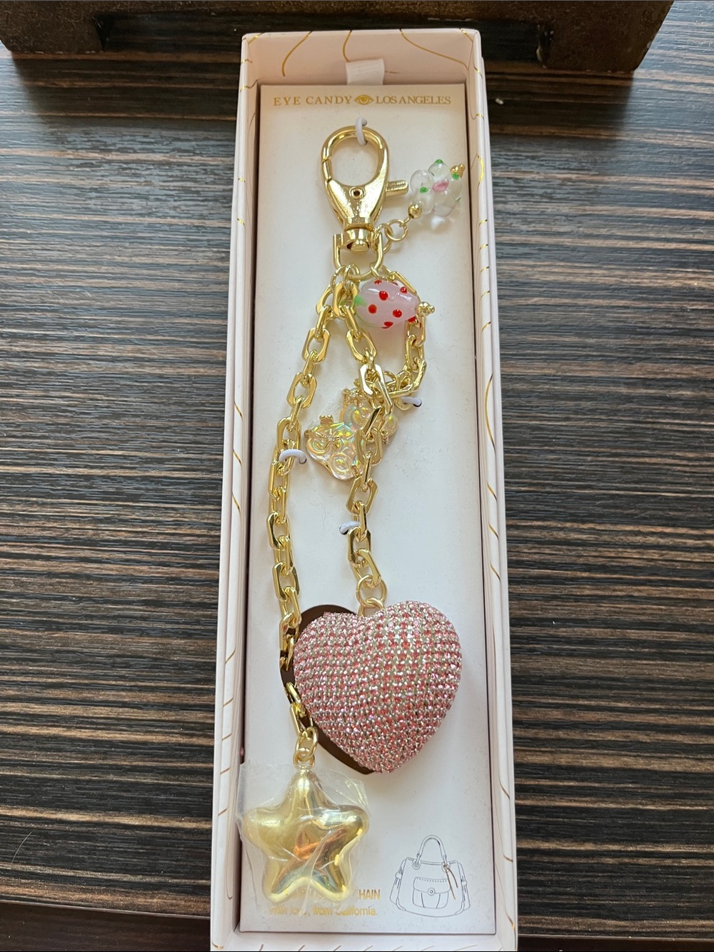 Pink Crystal Heart & Star Keychain Charm